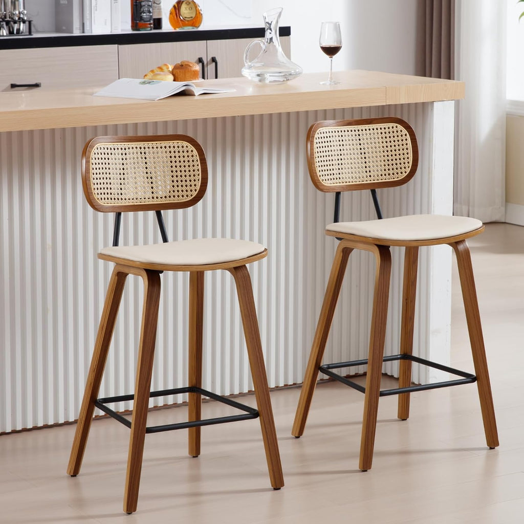 HEAH-YO Rattan Counter Stools Set of 2, 26 Inches Counter Height Bar Stools with Backrests and Wood Legs, Modern PU Leather Rattan Stool for Kitchen Island, PU Beige