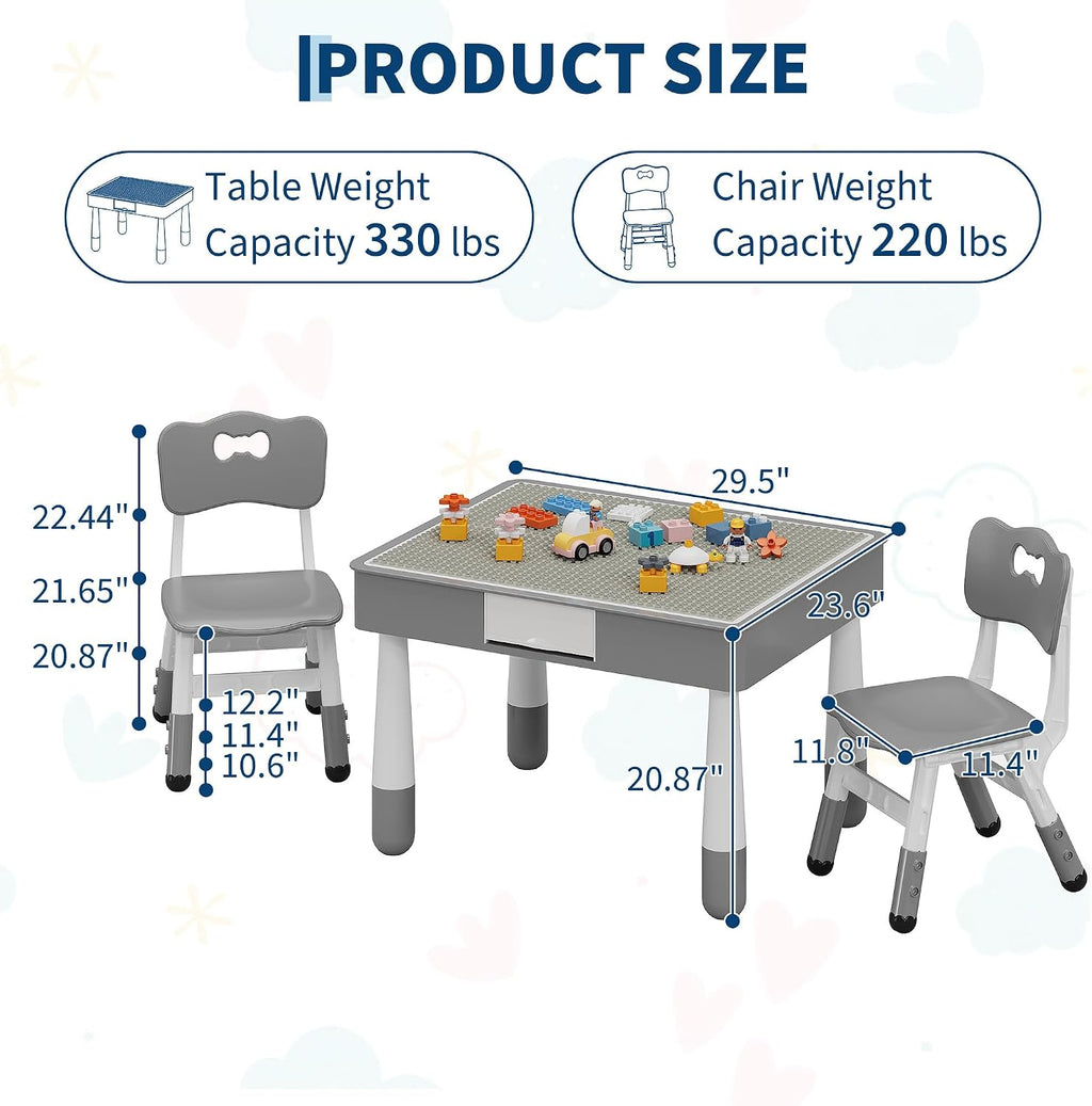 4-in-1 Kids Activity Table & Chair Set,Double-Sided Reversible Tabletop with Building Block Base & Graffiti Drawing Board,2 Adjustable Toddler Chairs,Multi-Purpose Activity Desk for Reading,Drawing