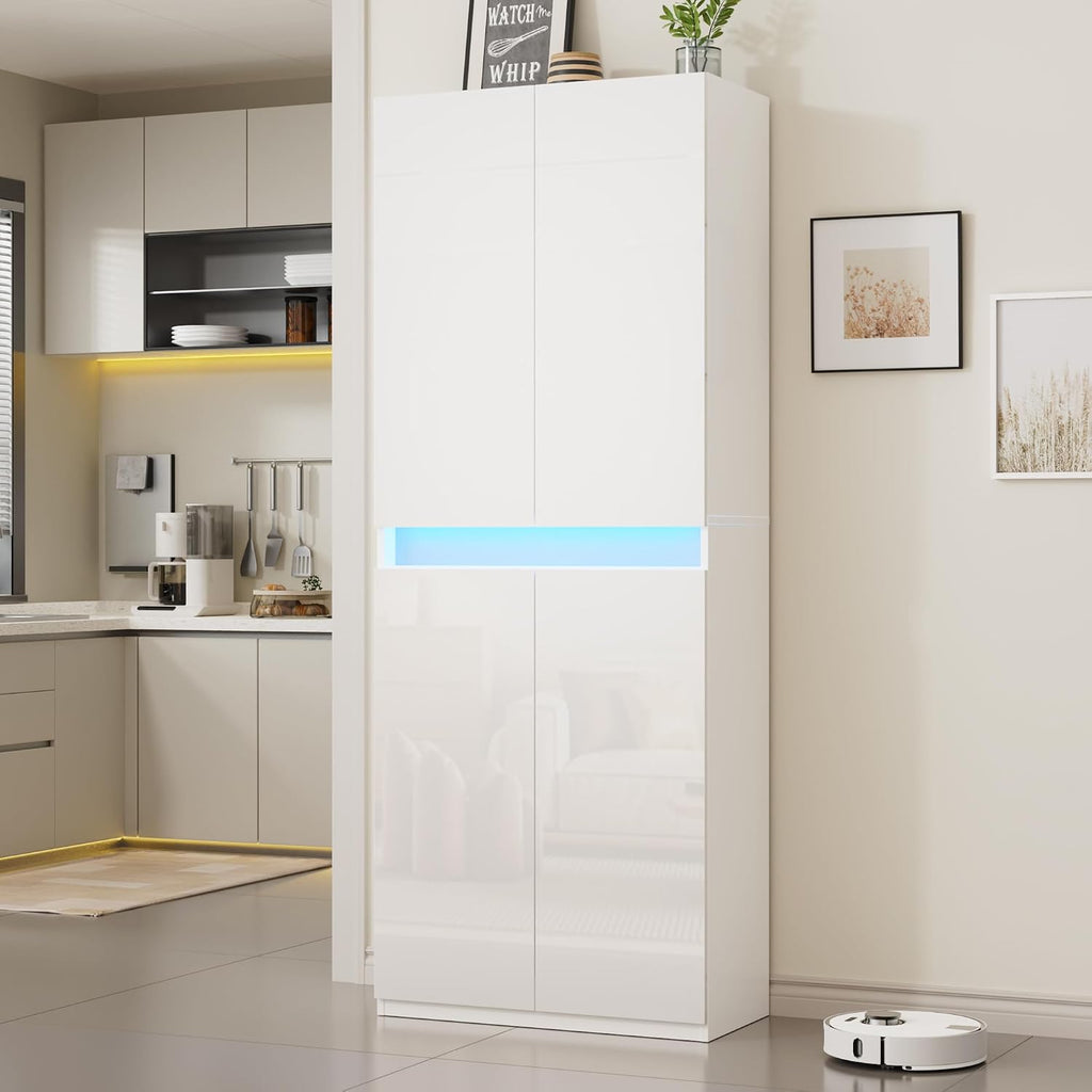 Furnify 71" Tall Pantry Cabinet with LED Light and High Gloss Doors, White | Kitchen Freestanding Pantry Storage Cabinet with Adjustable Shelves, Modern Buffet Hutch Cabinet for Dining Room, Living Room