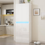 Furnify 71" Tall Pantry Cabinet with LED Light and High Gloss Doors, White | Kitchen Freestanding Pantry Storage Cabinet with Adjustable Shelves, Modern Buffet Hutch Cabinet for Dining Room, Living Room