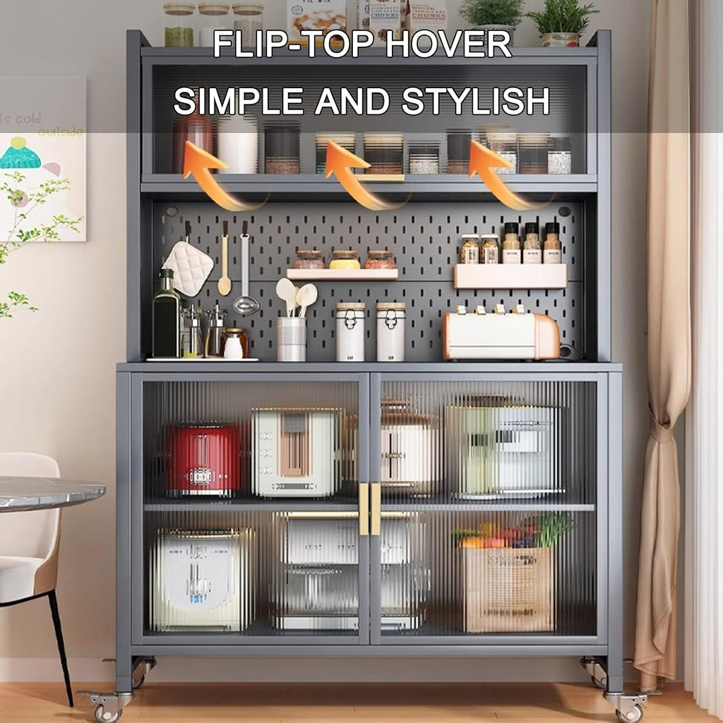 Kitchen Storage Cabinet, Microwave Stand with Flip-up Doors, Kitchen Pantry Storage Cabinet with Rolling Wheels, DIY Backplane, Tall Cupboard for Kitchen, Living Room, Dining Room(White,80*42
