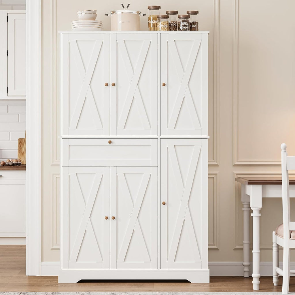68" Tall Kitchen Pantry Stoarge Cabinet, Freestanding Kitchen Hutch with 6 Door Shelves & Large Drawer, Modern Food Pantry with Adjustable Shelf for Dining Room, Living Room, White