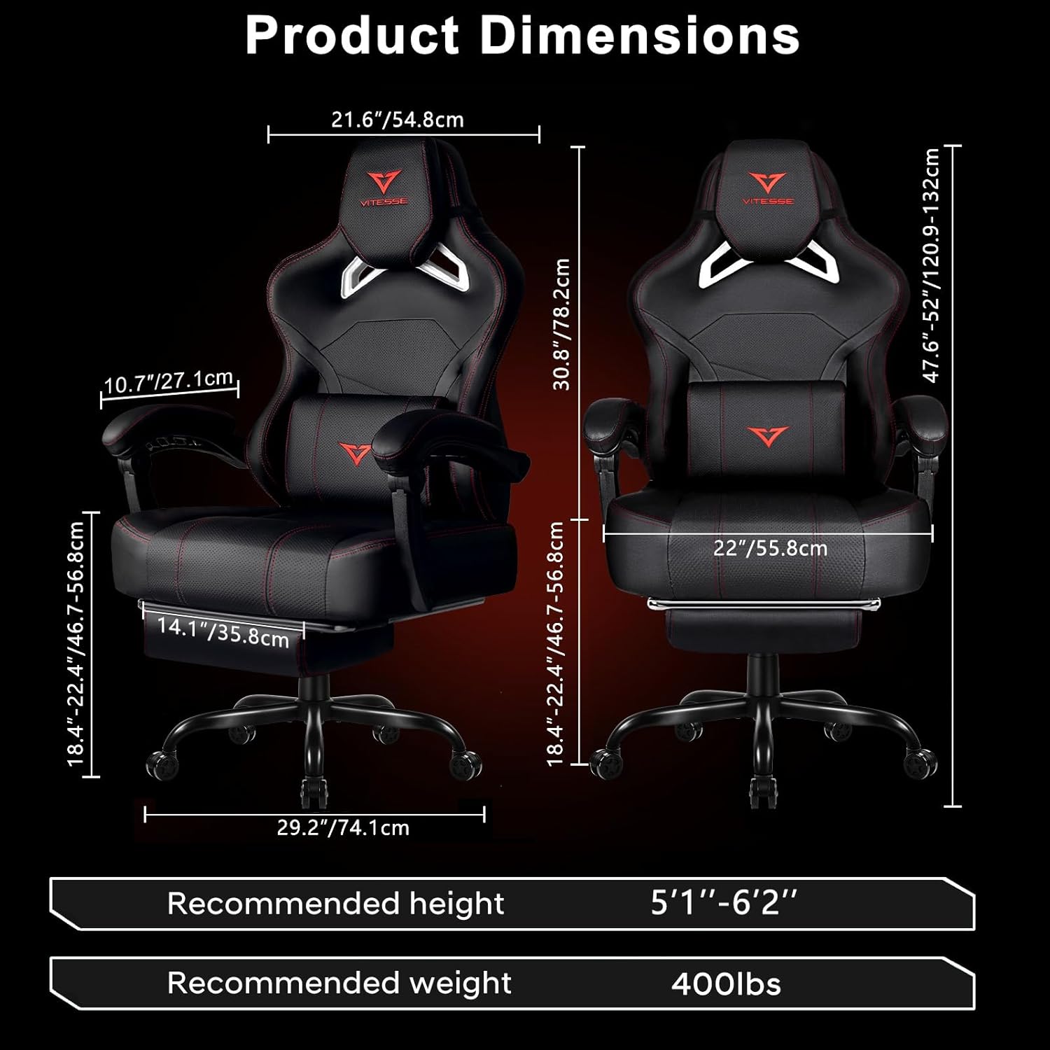 VITESSE Big and Tall Gaming Chair 400lb Capacity with Footrest | Racing-Style High Back Video Game Chair for Adults, PU Leather Computer Chair with Oversized Headrest for Gaming and Work