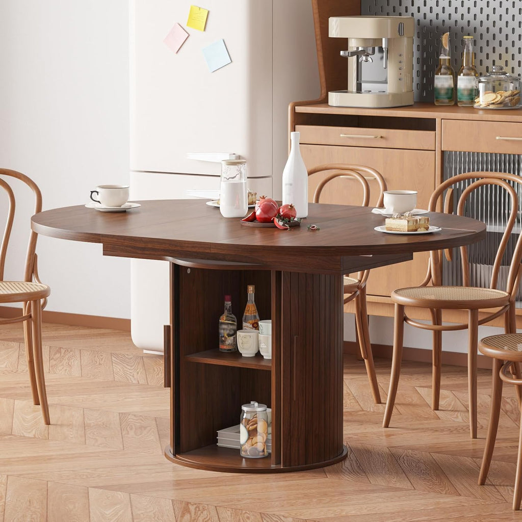 Expandable Dining Table,Round Wooden Kitchen Table,Double Layered Storage Space with Partitions,Equipped with Circular Sliding Doors, Suitable for Kitchen (Expandable Dining table-Walnut-02)