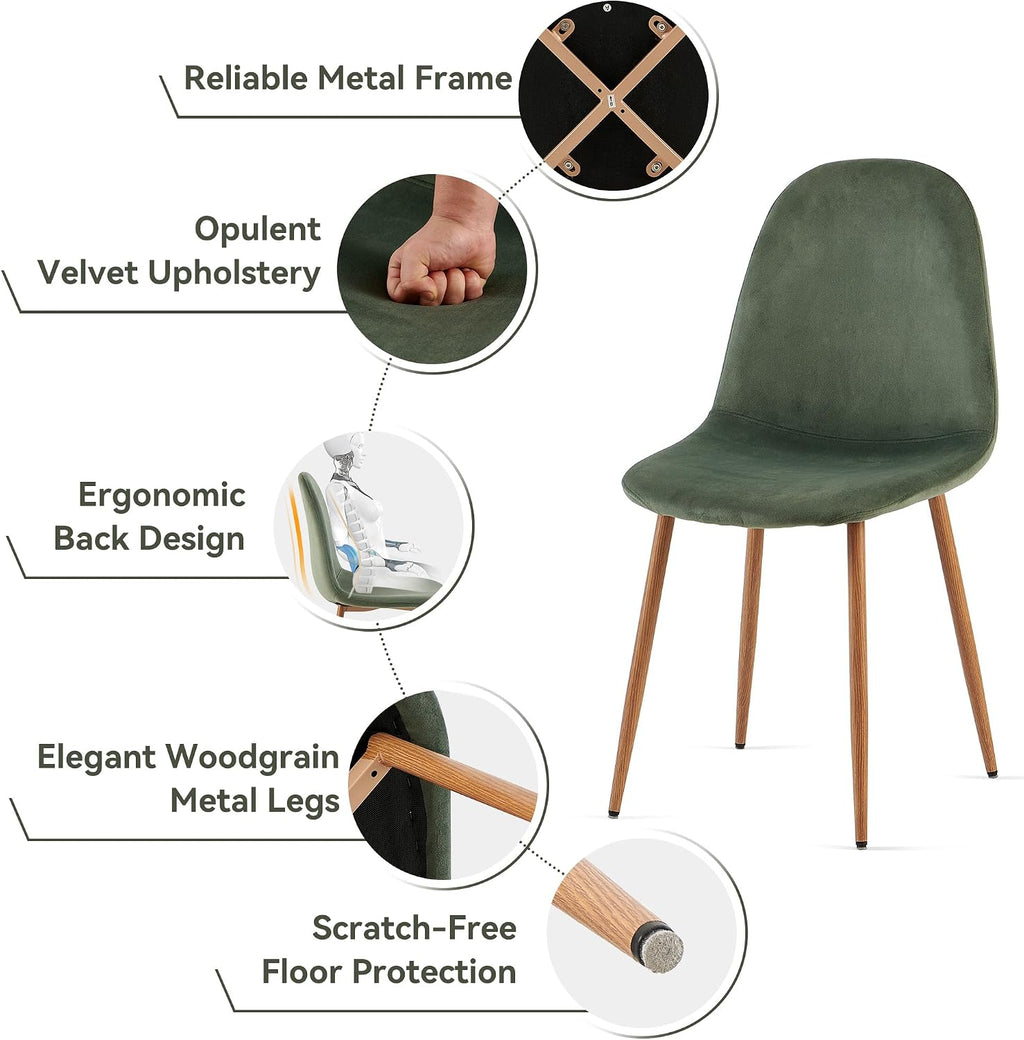 Howtek Dining Chairs Set of 4, Mid Century Modern Green Velvet Upholstered Kitchen Chairs with Backrest & Metal Legs for Living Room, Dining Room, Vanity