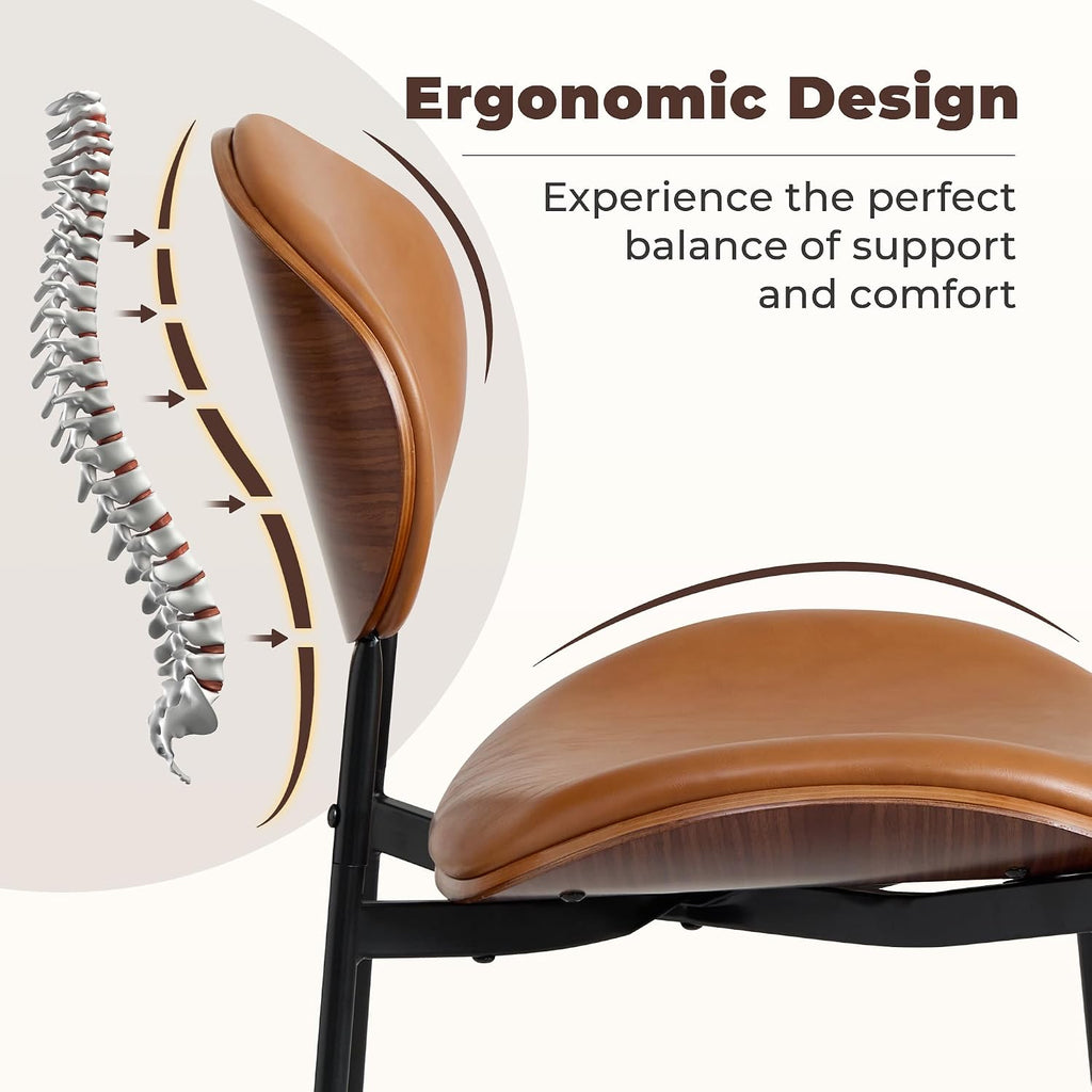 BedsPick Mid-Century Modern Dining Chairs Set of 2, PU Leather Upholstered Dining Room Chairs with Walnut Grain Back, Bentwood Kitchen Chairs with Adjustable Feetpads for Dining Room, Kitchen, Brown