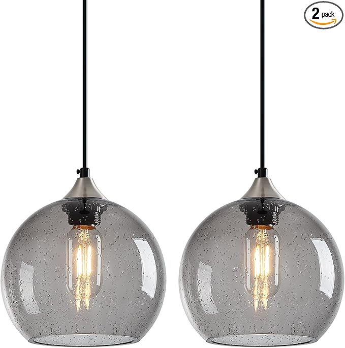 Light Grey Glass Pendant Lights Kitchen Island Lighting Globe Pendant Light Fixtures Modern Pendant Lighting for Bedroom Living Dining Room Light Fixture (7.87 in, 2 Pack)
