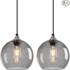 Light Grey Glass Pendant Lights Kitchen Island Lighting Globe Pendant Light Fixtures Modern Pendant Lighting for Bedroom Living Dining Room Light Fixture (7.87 in, 2 Pack)