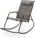 VINGLI Outdoor Rocking Chair, 450lbs Capacity Portable Outdoor Rocker with Footrest, Hard Armrests, Pillow, All Weather Porch Rocker for Garden, Living Room, Patio, Lawn (Black&Gray, with footrest)