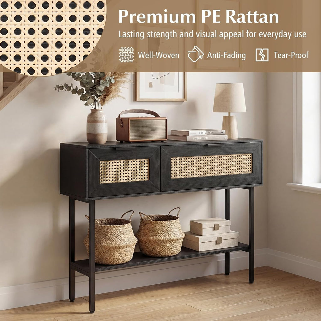 Giantex Rattan Console Table with Storage, 40" Boho Entryway Table w/ 2 Flip Door Cabinets & Shelf, Metal Frame, 2 Anti-Tipping Kits, Narrow Long Behind Couch Sofa Table for Entrance Hallway, Black