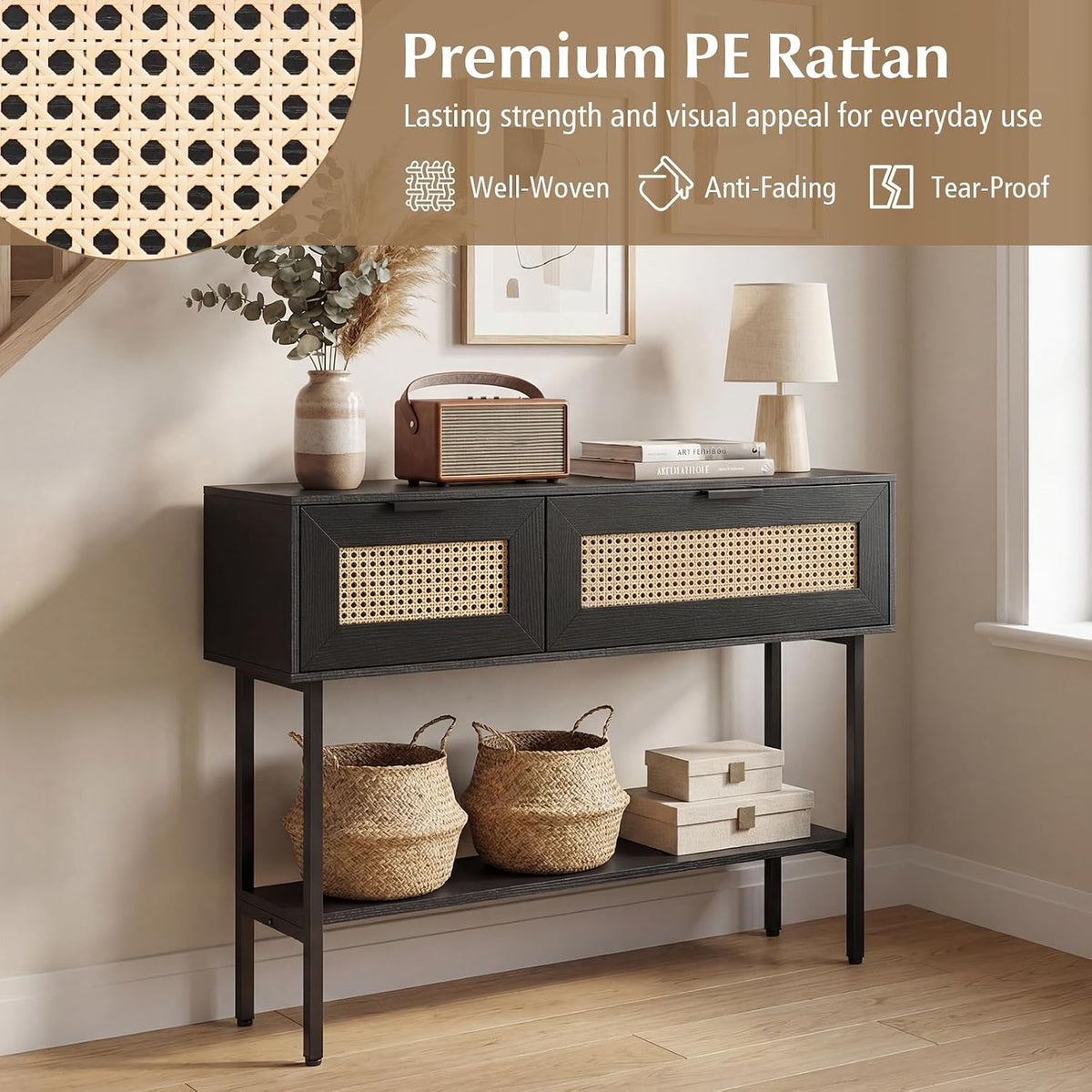 Giantex Rattan Console Table with Storage, 40" Boho Entryway Table w/ 2 Flip Door Cabinets & Shelf, Metal Frame, 2 Anti-Tipping Kits, Narrow Long Behind Couch Sofa Table for Entrance Hallway, Black