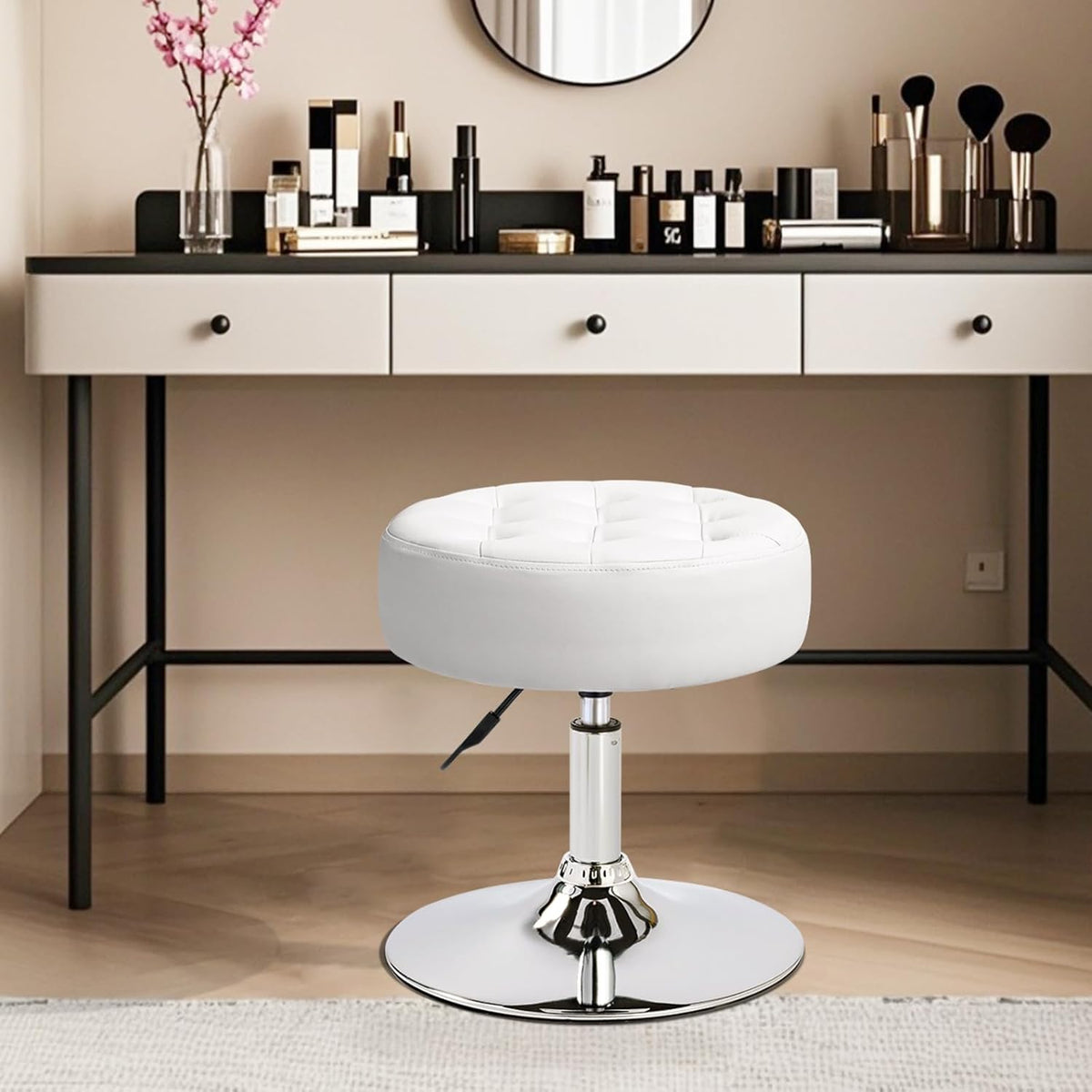 360° Swivel PU Leather Vanity Stool, White Makeup Chair for Bedroom, Large Round Ottoman Stool