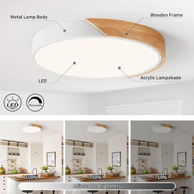 Modern Dimmable White LED Ceiling Light, 2700 K - 6000 K 5CCT Wood Flush Mount Ceiling Lighting Fixtures, Minimalist Round Ceiling Lamp for Living Room Bedroom Kitchen Hallway（15.8in）