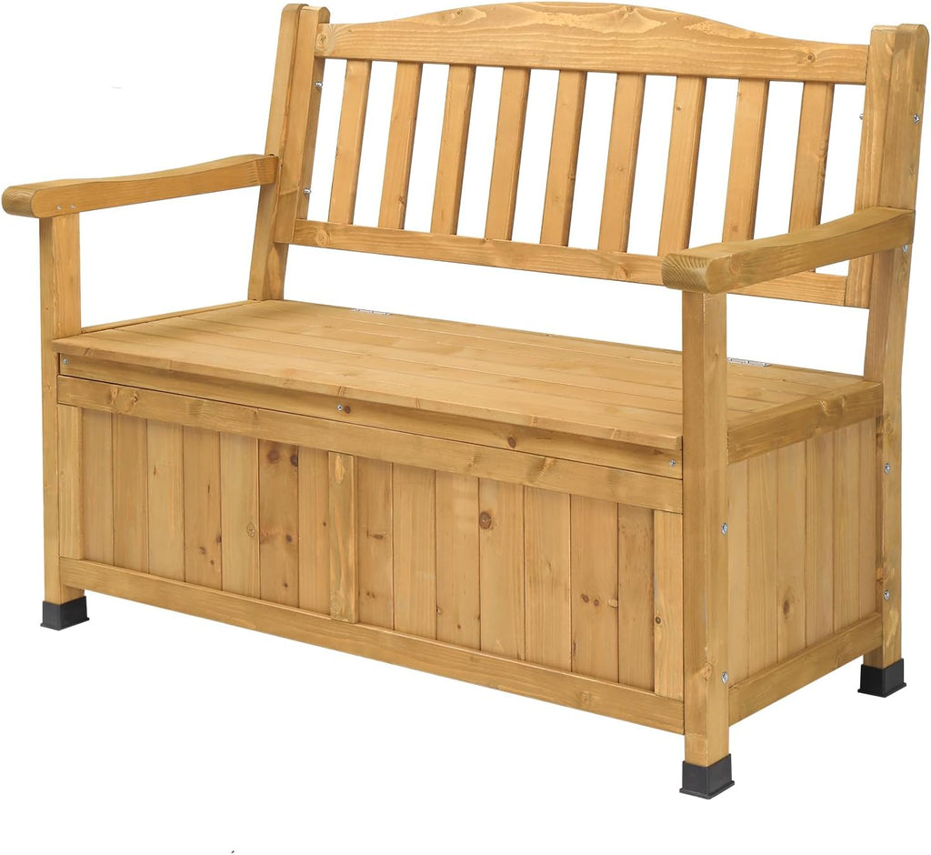 Outdoor Wood Storage Bench Deck Box, Entryway Porch Storage Bench, Wood Loveseat for Garden, Lawn, Balcony & Yard