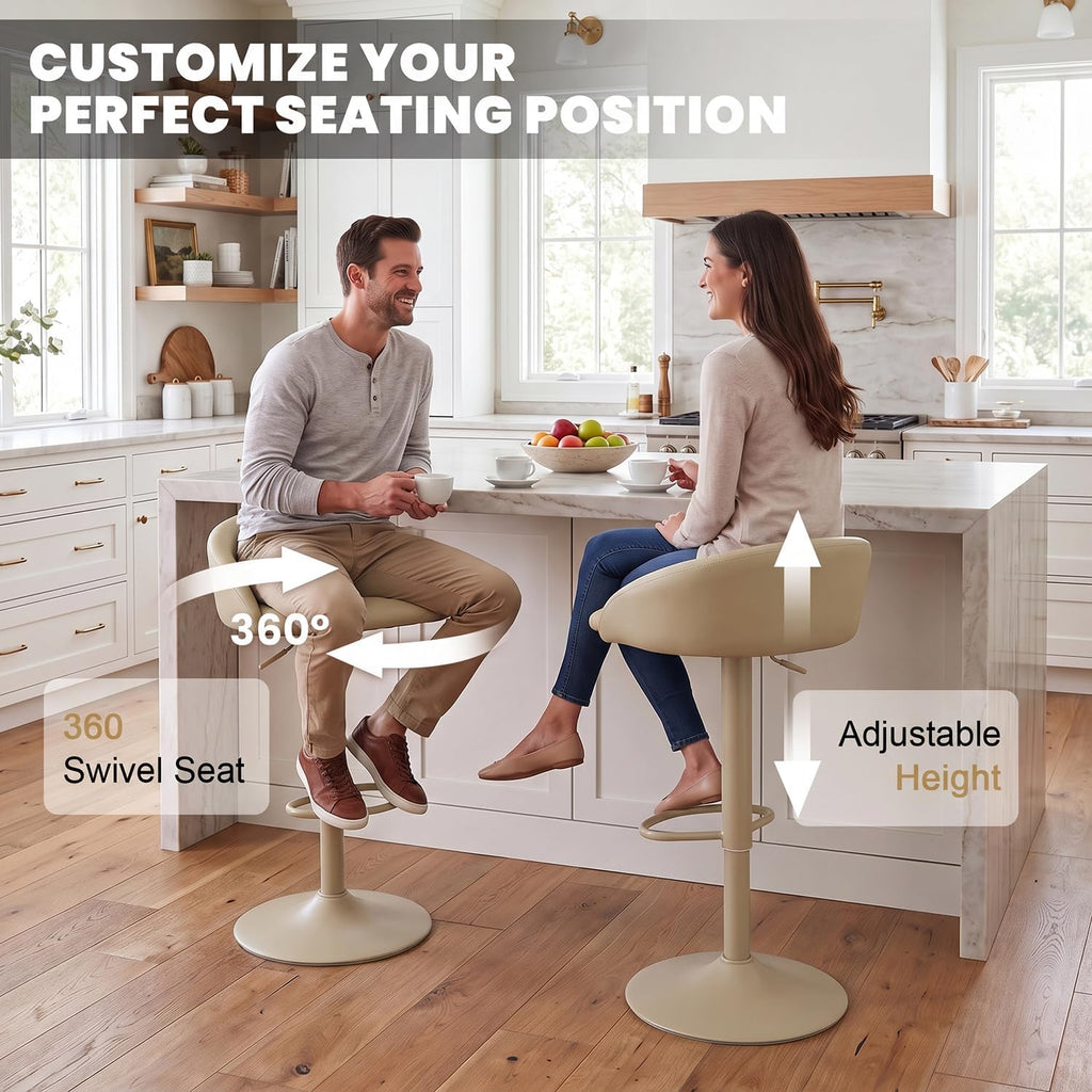 YOUNUOKE Bar Stools Set of 2 Modern Swivel Bar Stools, Khaki | PU Leather Adjustable Counter Height Stool with Low Back, Comfy Barstools for Kitchen Island, Cafe Bar
