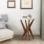 Ahokua Modern Round End Table with Smooth White Top and Crossed Walnut Legs, Minimalist Accent Table for Living Room, Balcony, or Small Spaces, Easy Assembly Bedside Table, White Walnut