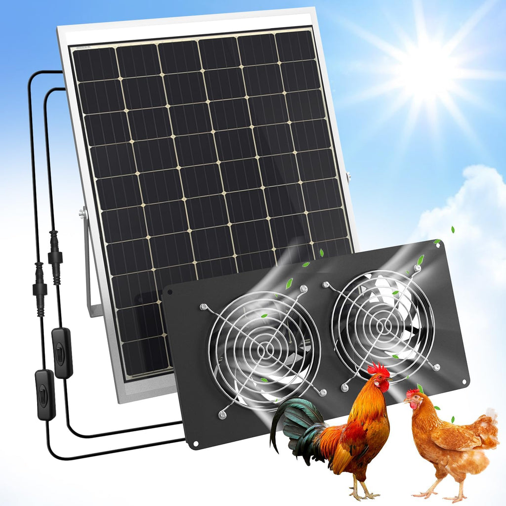 25W Solar Powered Dual Metal Shell Fan Kit, IPX7 Waterproof Monocrystalline Solar Panel Intake Exhaust Fans for Chicken Coops, Greenhouses, Sheds, Dog Houses, and Windows Ventilation and Plug & Play