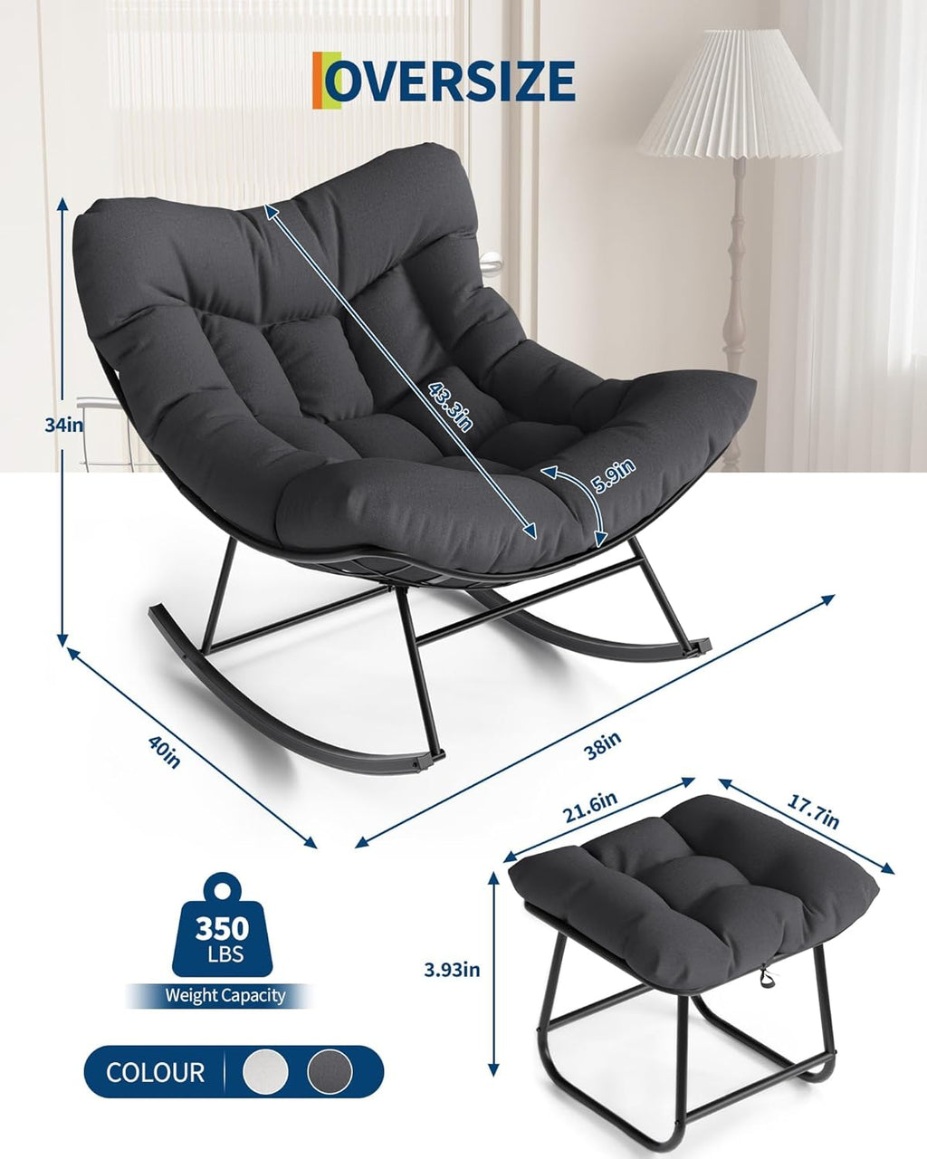 GarveeLife Oversized Papasan Rocking Chair with Footrest, Outdoor Lounge Chair with Ottoman and Sturdy Metal Frame, Patio Egg Rocker for Balcony Backyard Porch Bedroom, Grey