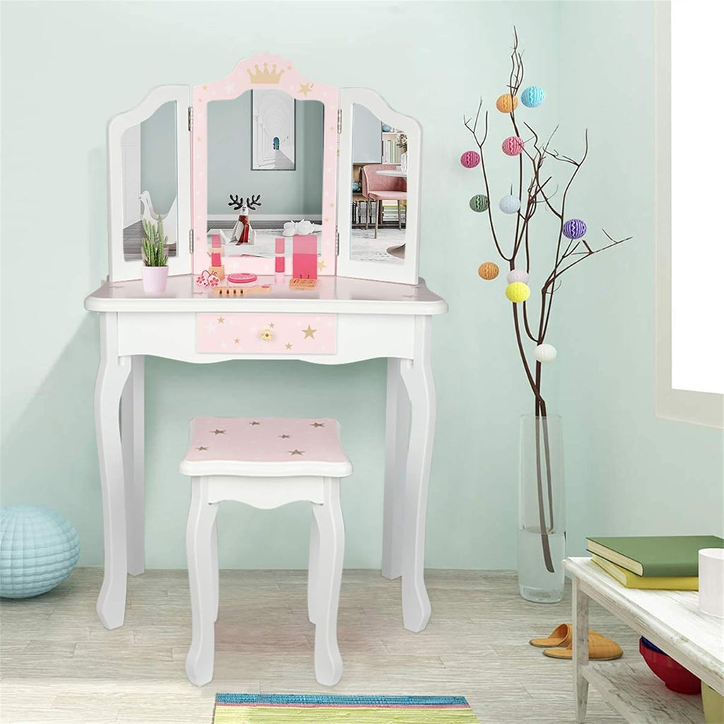 NC Pink Kids Vanity Set Wood Makeup Table and Chair Set for Little Girls Princess Child Vanity Desk Tri-Fold Mirror Dressing Table with Drawer (Pink Star Style)