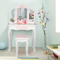 NC Pink Kids Vanity Set Wood Makeup Table and Chair Set for Little Girls Princess Child Vanity Desk Tri-Fold Mirror Dressing Table with Drawer (Pink Star Style)