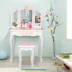 NC Pink Kids Vanity Set Wood Makeup Table and Chair Set for Little Girls Princess Child Vanity Desk Tri-Fold Mirror Dressing Table with Drawer (Pink Star Style)