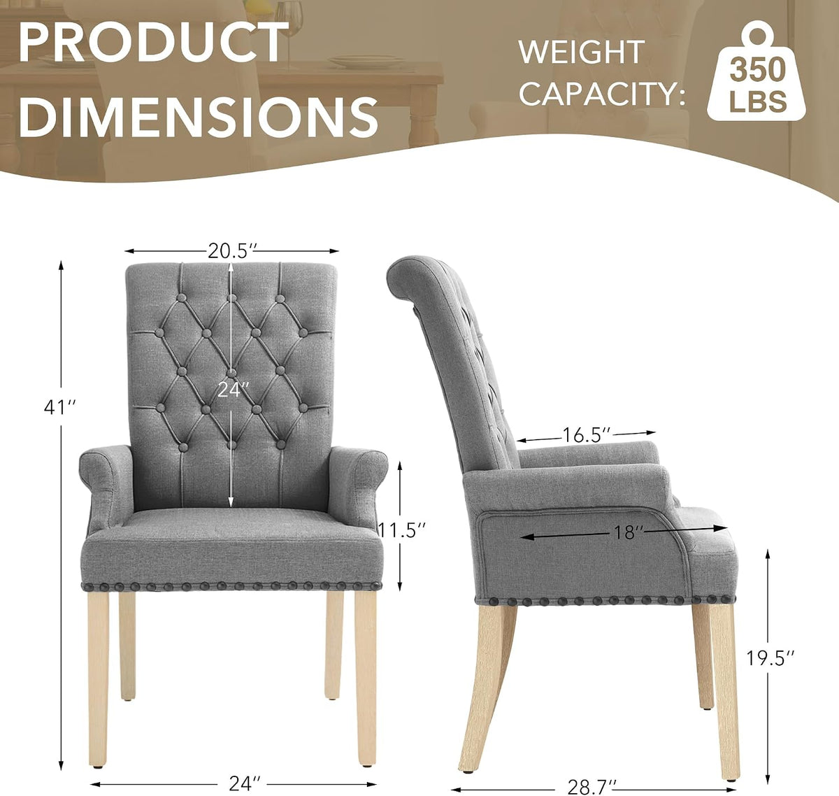 LOULENS Fabric Dining Chair, Modern Upholstered Armchair with Nailheads Trim & Wooden Legs, High-Back Accent Chair for Kitchen, Dining Room, Living Room and Bedroom, Light Grey