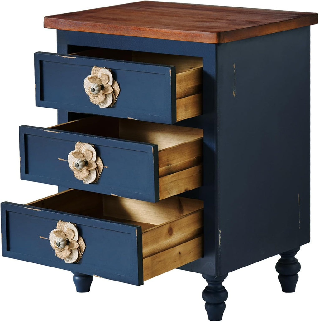 Vintage Farmhouse End Table with Floral Knobs – 19" Rustic Nightstand with 3 Drawers and Gourd Legs,Bedside or Sofa Accent Table, Almost Fully Assembled (Antique Blue)