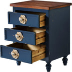 Vintage Farmhouse End Table with Floral Knobs – 19" Rustic Nightstand with 3 Drawers and Gourd Legs,Bedside or Sofa Accent Table, Almost Fully Assembled (Antique Blue)