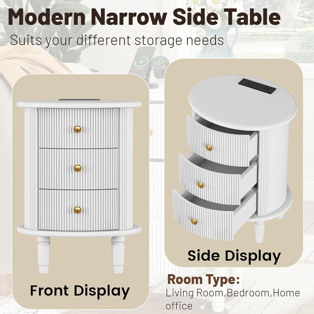 3 Drawers Nightstand, Wood End Table with Charging Station,Modern Round End Tables Living Room,Oval Side Table with Storage for Bedroom,Fully Assembled,White