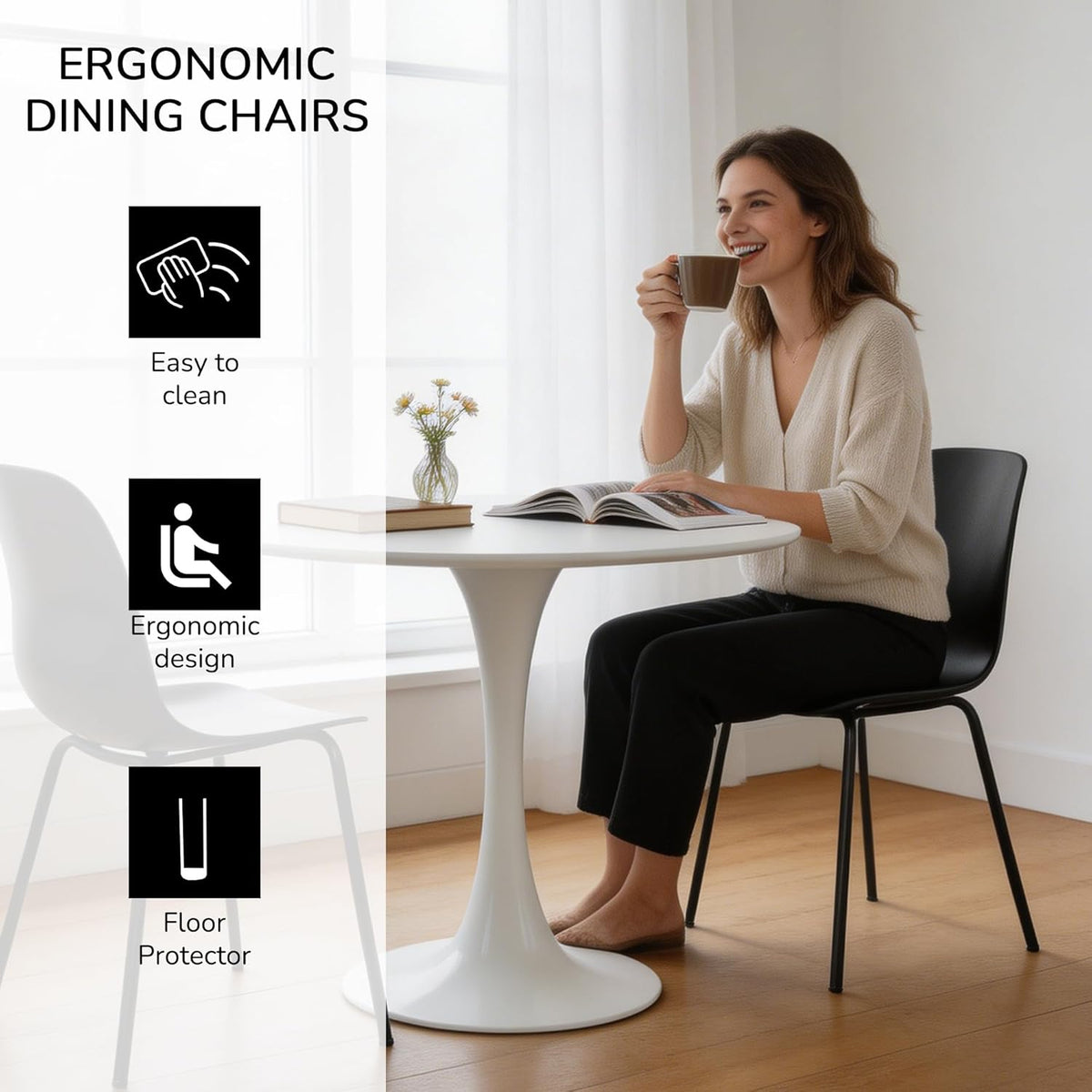 LSSBOUGHT Modern Dining Chairs Set of 4, Mid-Century Plastic Kitchen Chairs with Metal Legs, Comfortable Armless Side Chairs for Dining Room, Kitchen, Living Room & Small Spaces (Black)
