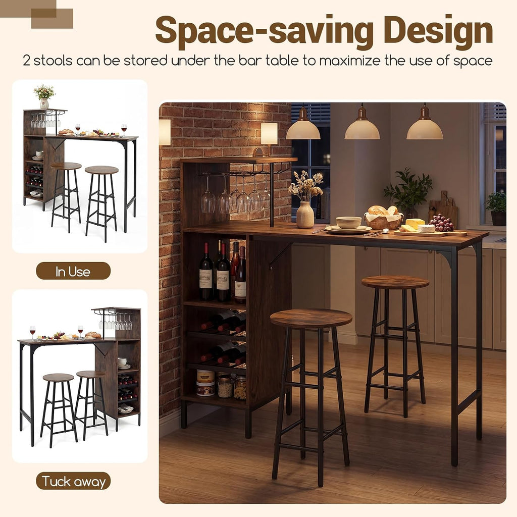 Giantex 3 Pieces Bar Table and Stools Set, Bistro Table Set with Glass Holder, 2 Tier Wine Rack & Storage Shelves, Kitchen Counter Table with 2 Stools for Home, Dining Room, Restaurant (Rustic Brown)