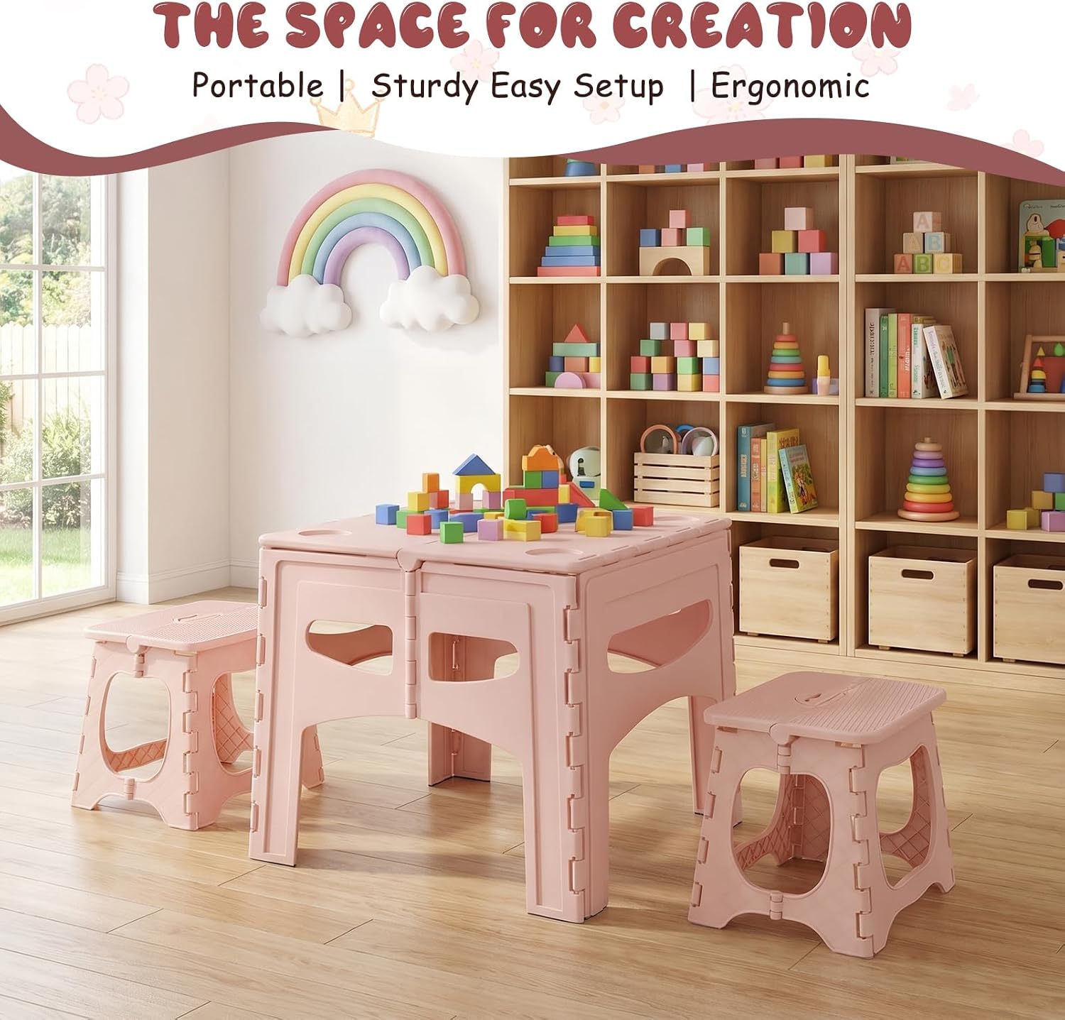 Kids Folding Table and Chairs Set, Portable Activity Desk with 2 Seats for Toddlers, Durable Plastic Picnic Furniture for Indoor Outdoor Learning Play, Easy Storage Light Pink