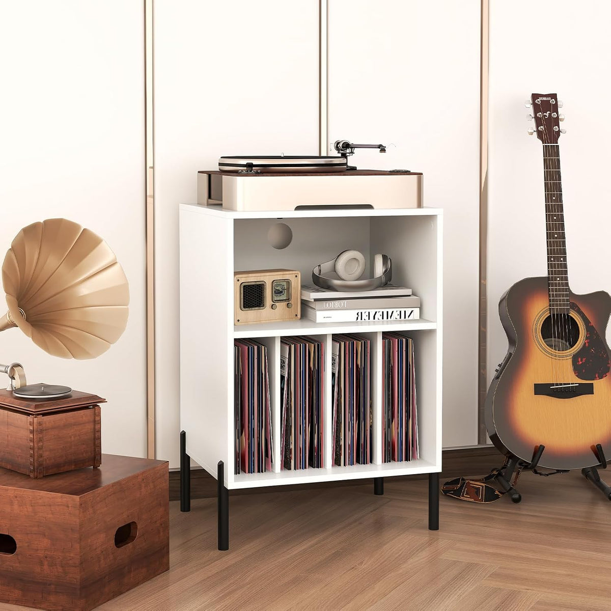 Tangkula Record Player Stand, Turntable Side Table Nightstand w/Charging Station & Vinyl Record Storage Cabinet Holds up to 150 Albums, Record Player Holder for Living Room (White, 31" H)