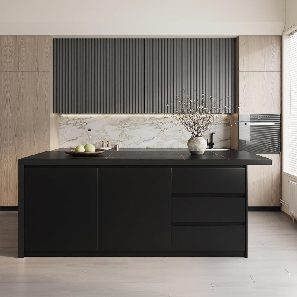homary Kitchen Island with Storage & Wine Rack, 72" Modern Black Kitchen Cabinet with Wood Top, Large Fixed Island with 3 Drawers & 6 Adjustable Shelves, Without Bar Stools