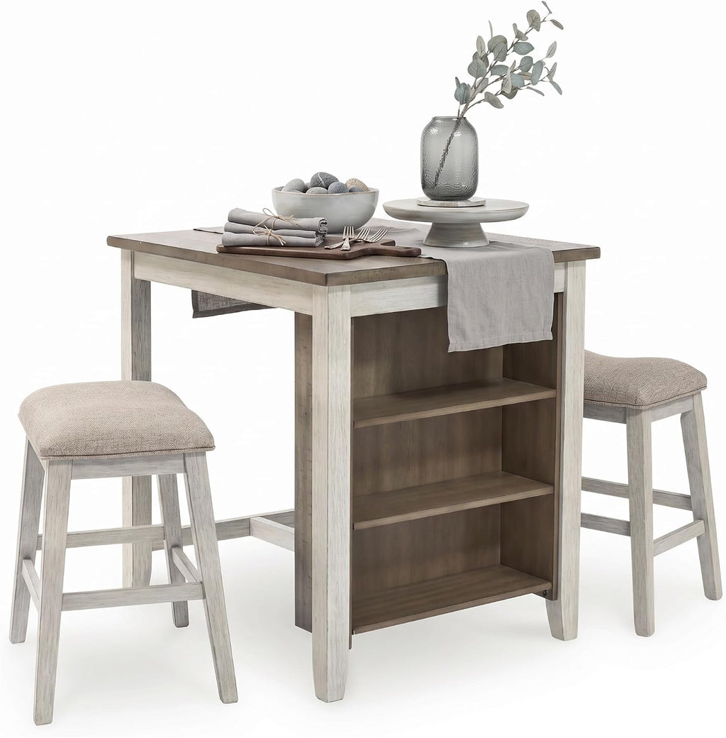 Signature Design by Ashley Skempton 3-Piece Counter Height Dining Table Set | Two-tone acacia wood set, 3 built-in open shelves, 2 upholstered saddle stools, Space-saving tuck-away design, Dining room