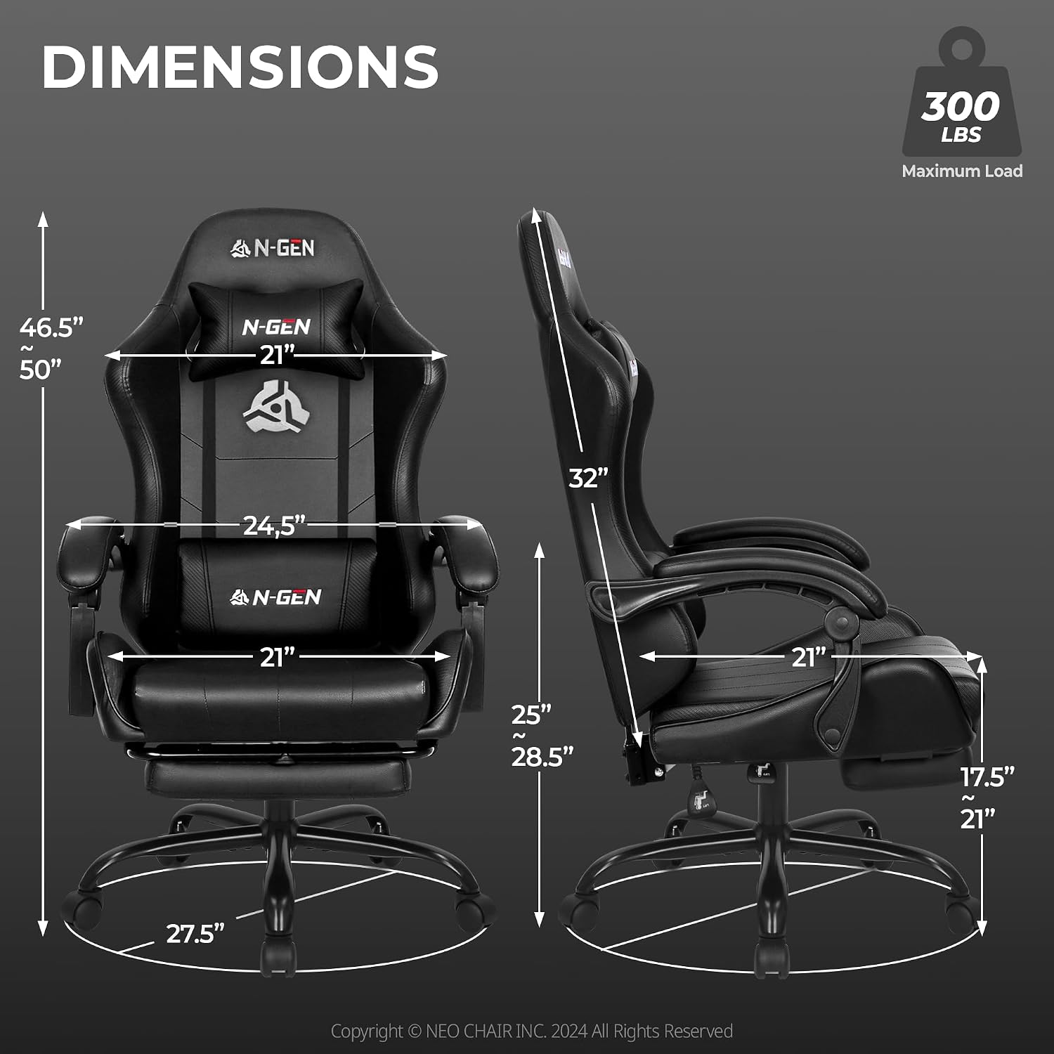N-GEN GAMING Gaming Chair with Footrest, Lumbar, High-Back, All Black | Reclining Backrest, Linkage Armrests, Durable PU Leather, Adjustable Comfort for Extended Computer, Desk, or Home Office Use