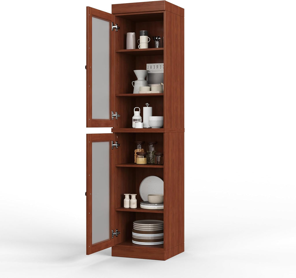 Palace Imports Solid Wood Kitchen Pantry Cabinet w/Frosted Glass Doors - Narrow Storage Cabinet - 16.5" Wide x 71.5" Tall - Mocha, Adjustable Shelves, 100% Eco-Friendly Wood, Modular Cabinets
