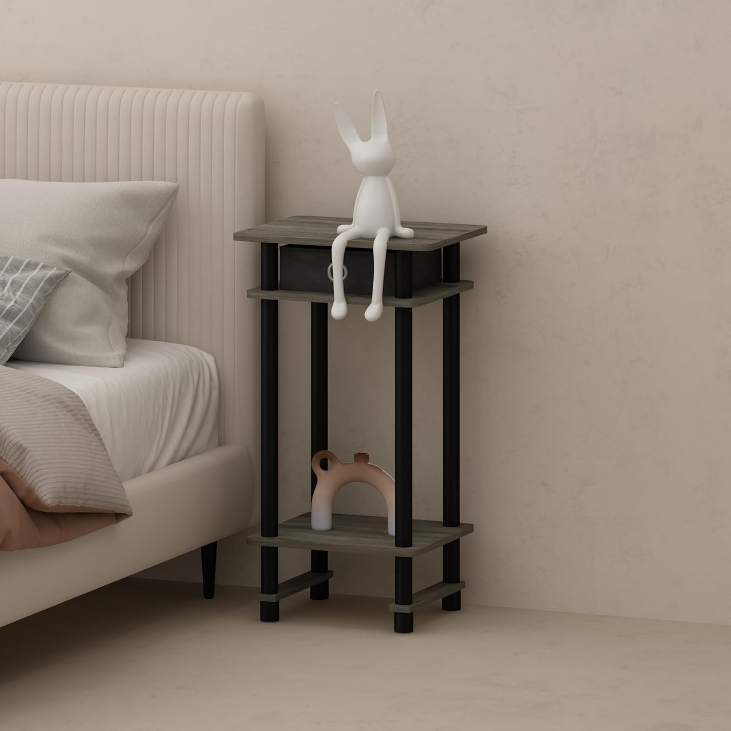 Furinno Turn-N-Tube Tall Nightstand with Bin, 2-Pack, Plastic Poles, French Oak/Black/Black | Tall Narrow, Open Shelf Design Nightstand with Storage Bin, Bedside Table, End Table, Side Table, for Bedroom, Closet, Dorm