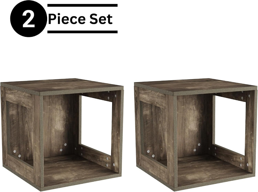 Lavish Home Side Table with Storage - Set of 2 Minimalist Modern Nightstand or End Table with Open Sides - Stackable Modular Accent Table for Bedroom, Living Room, or Office (Gray Woodgrain)