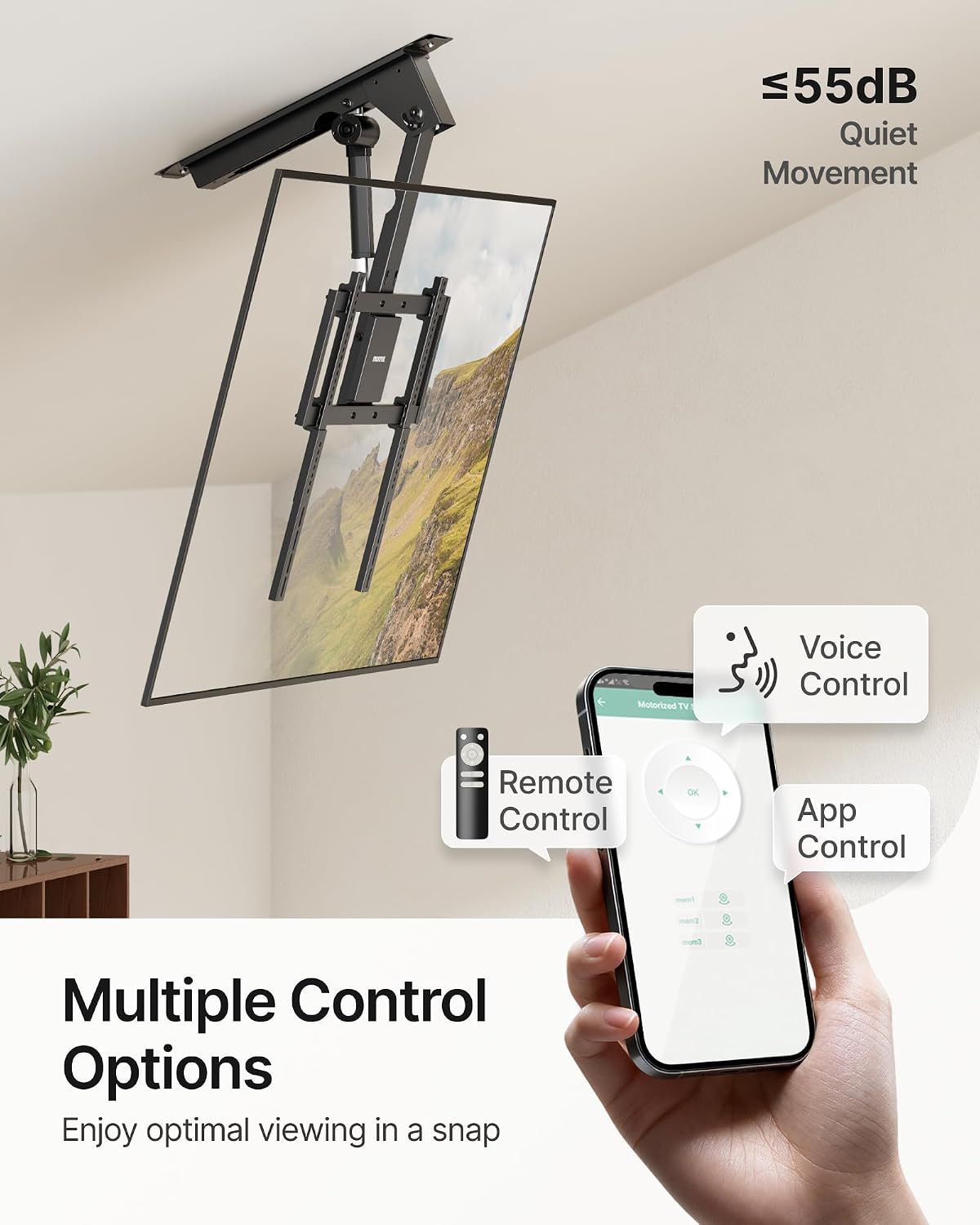monTEK Motorized Ceiling TV Mount for 32-75 Inch TVs, Holds up to 121 lb | Lower VESA fit helps avoid ceiling contact; electric flip-down, remote/app/voice, max VESA 600x400 mm, flat/pitched ceilings