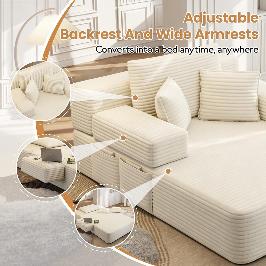 60.2 Inch Chaise Lounge Chair Indoor, Oversized Chaise Lounge with Adjustable Backrest and Armrests, Luxurious Corduroy Convertible Sofa Bed with Storage Pocket for Small Spaces, Apartment (Beige)