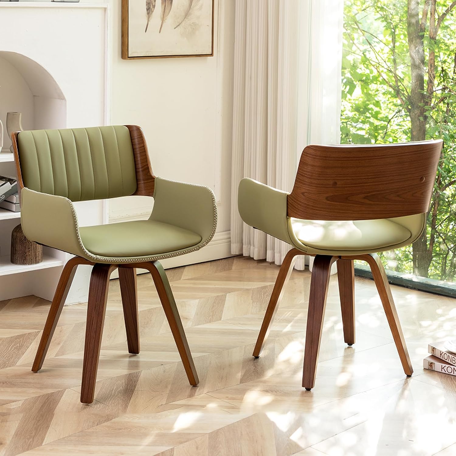 LUNLING Swivel Accent Faux Leather Dining Chairs Set of 2 Mid Century Modern Chairs with Wooden Legs/Armrest/Upholstered Seat/Adjustable Foots for Kitchen Dining Room Desk Chairs Green