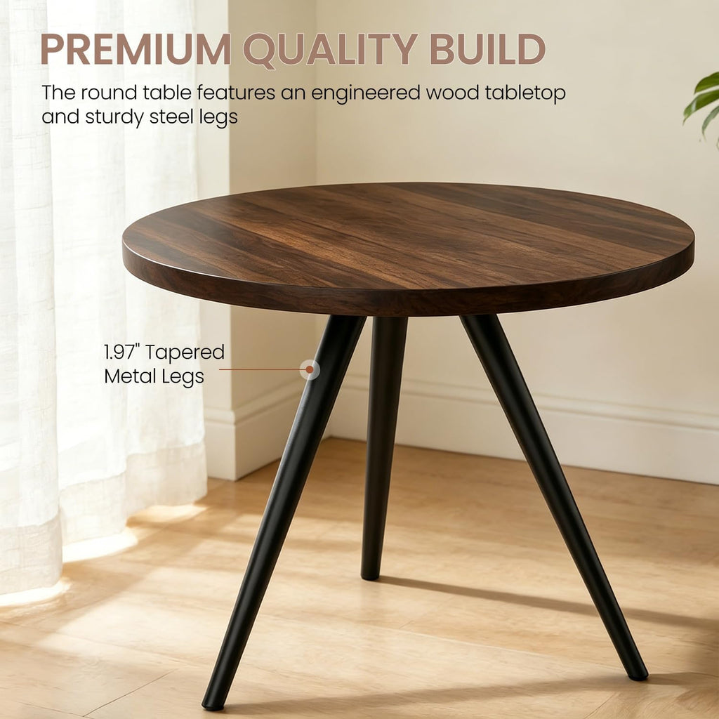 34.6" Round Dining Table Set for 4, Modern Kitchen Coffee Table Set with 4 Faux Leather Chairs, MDF Small Space Saving Dining Room Table and Chairs Set (Walnut Table+4 Beige U-Shaped Chairs)