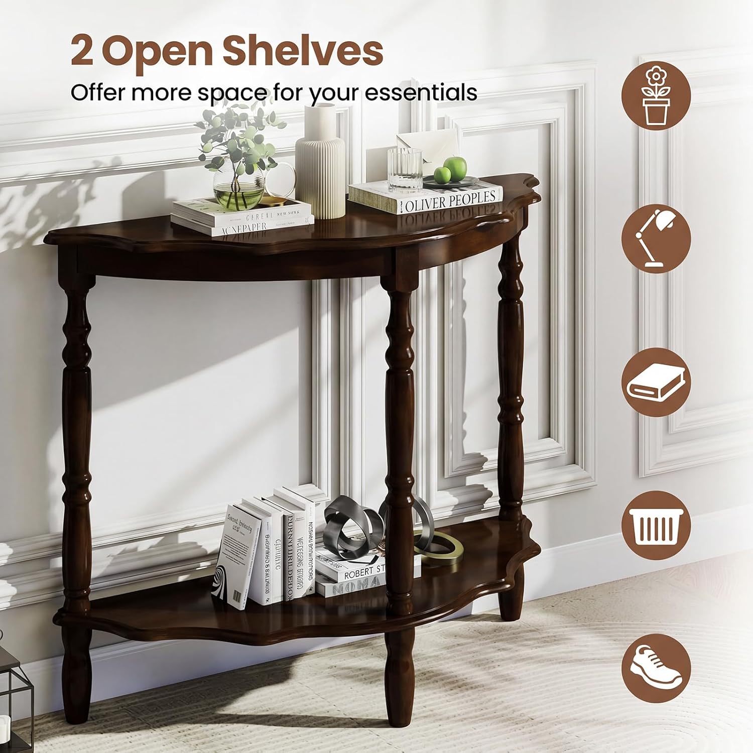 Giantex 42" Half Moon Console Table, 2-Tier Semi-Circle Entryway Table with Storage Shelf & Carved Rubber Wood Legs, Vintage Round Curved Sofa Tables for Living Room, Hallway, Entrance