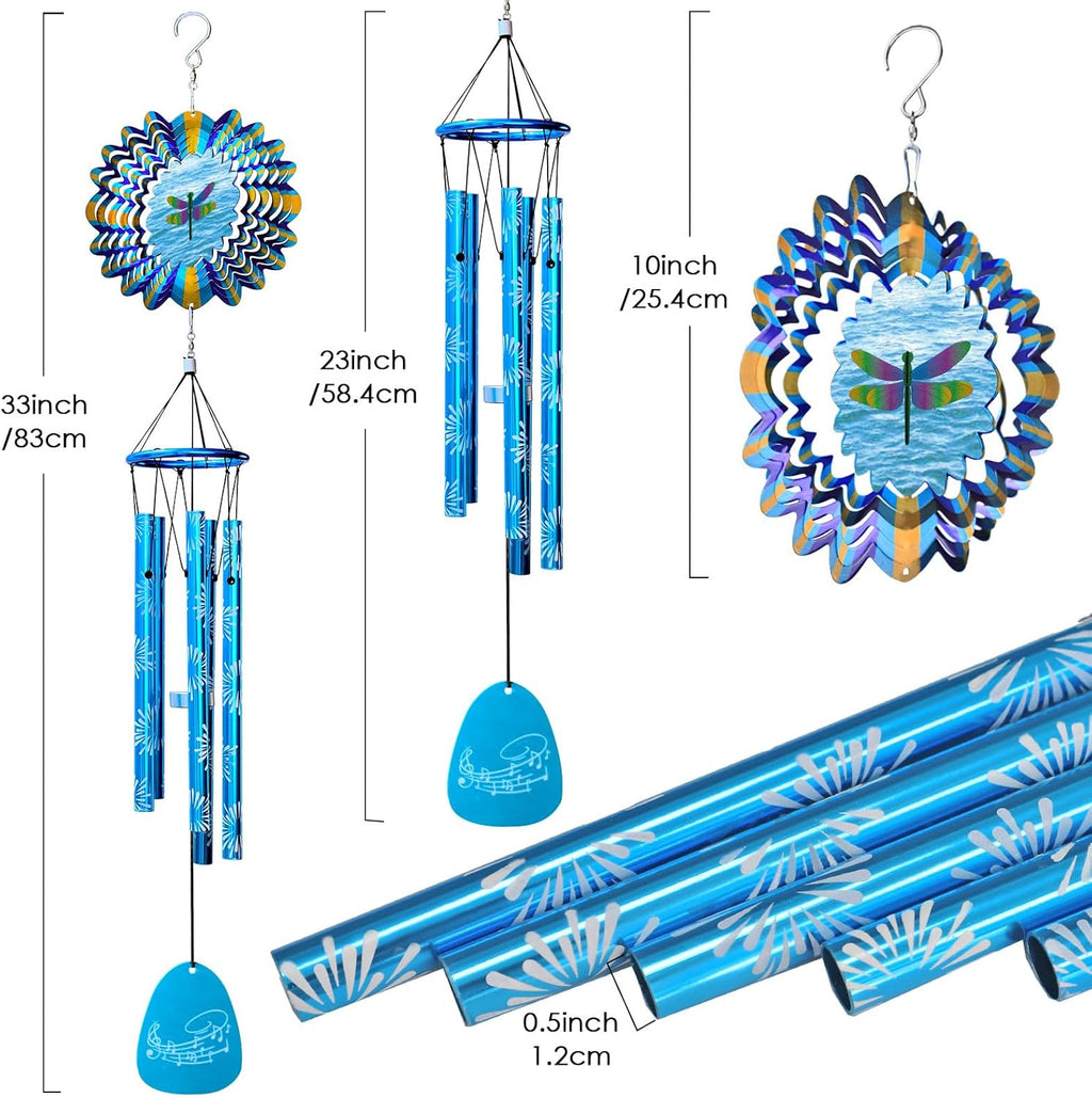 33" Memorial Wind Chimes Outdoor | Deep Tone with Animated Dragonfly Spinner, Rustproof Garden Decor for Patio/Lawn, Sympathy Gift for Mom/Dad/Unisex