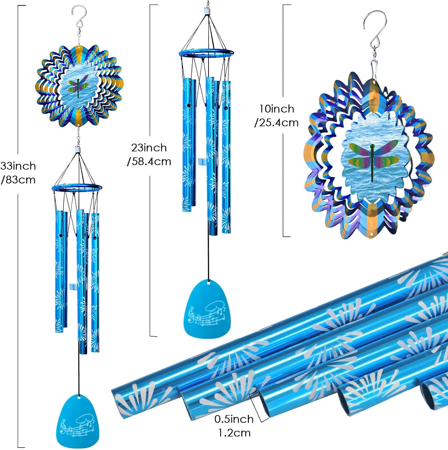 33" Memorial Wind Chimes Outdoor | Deep Tone with Animated Dragonfly Spinner, Rustproof Garden Decor for Patio/Lawn, Sympathy Gift for Mom/Dad/Unisex