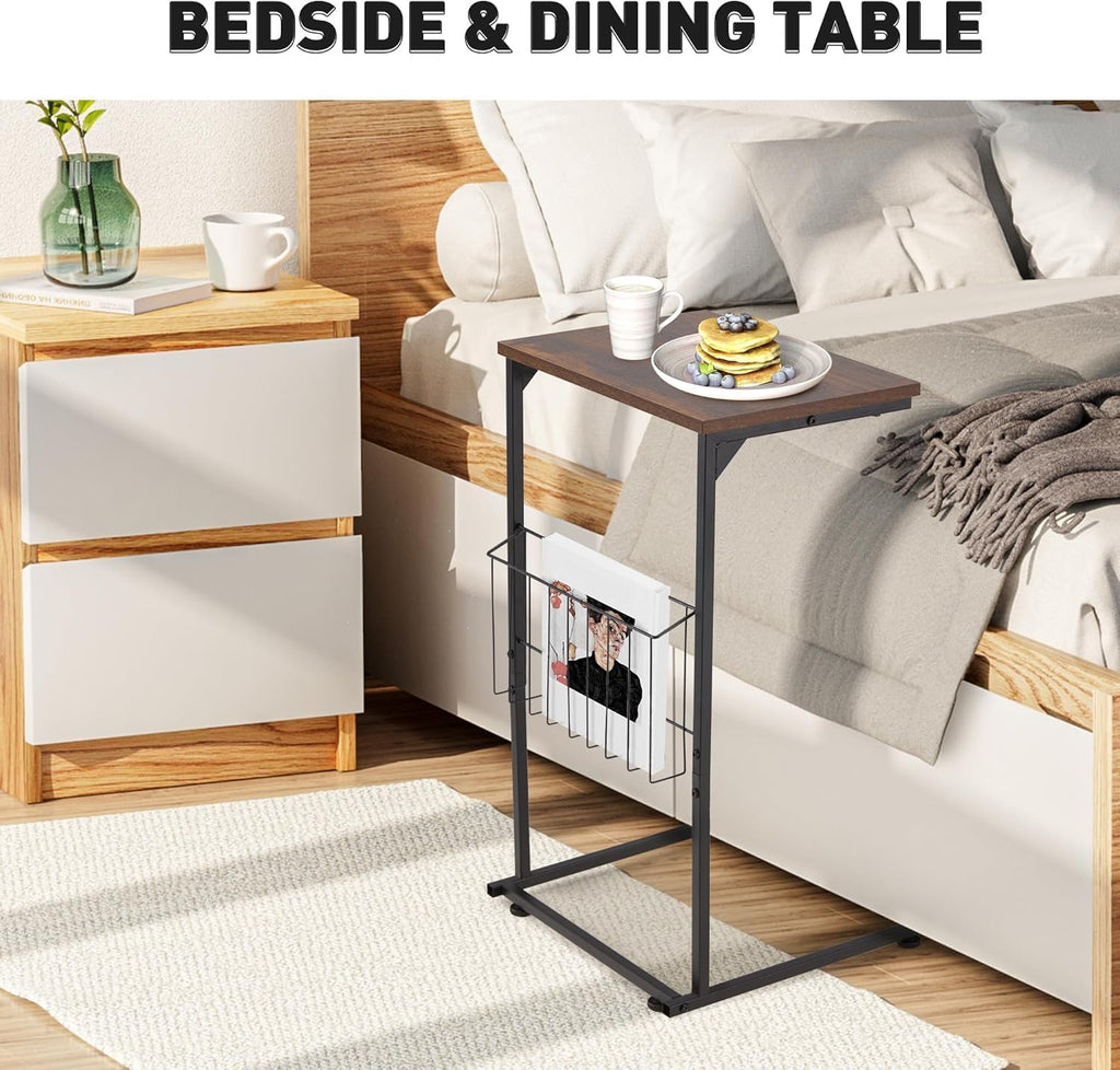 HOMREST End Table, Small Narrow Sofa Table for Couch and Recliner,C Shaped Side Table with Metal Storage Frame,Stable Coffee Tables for Living Room, Bedroom, Bedside,Wooden Desktop (Rustic Brown)