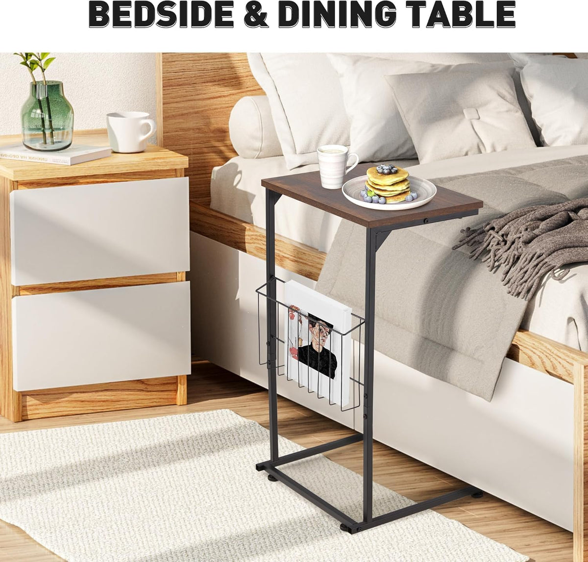 HOMREST End Table, Small Narrow Sofa Table for Couch and Recliner,C Shaped Side Table with Metal Storage Frame,Stable Coffee Tables for Living Room, Bedroom, Bedside,Wooden Desktop (Rustic Brown)
