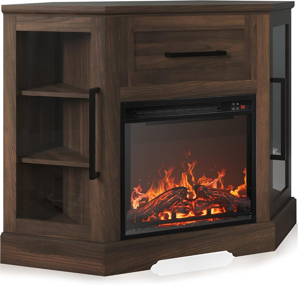 BELLEZE 43" Corner TV Stand with 18" Electric Fireplace Heater for TVs up to 43", Modern Corner Wood Entertainment Center with Glass Door Storage Cabinets - Dale (Dark Walnut)