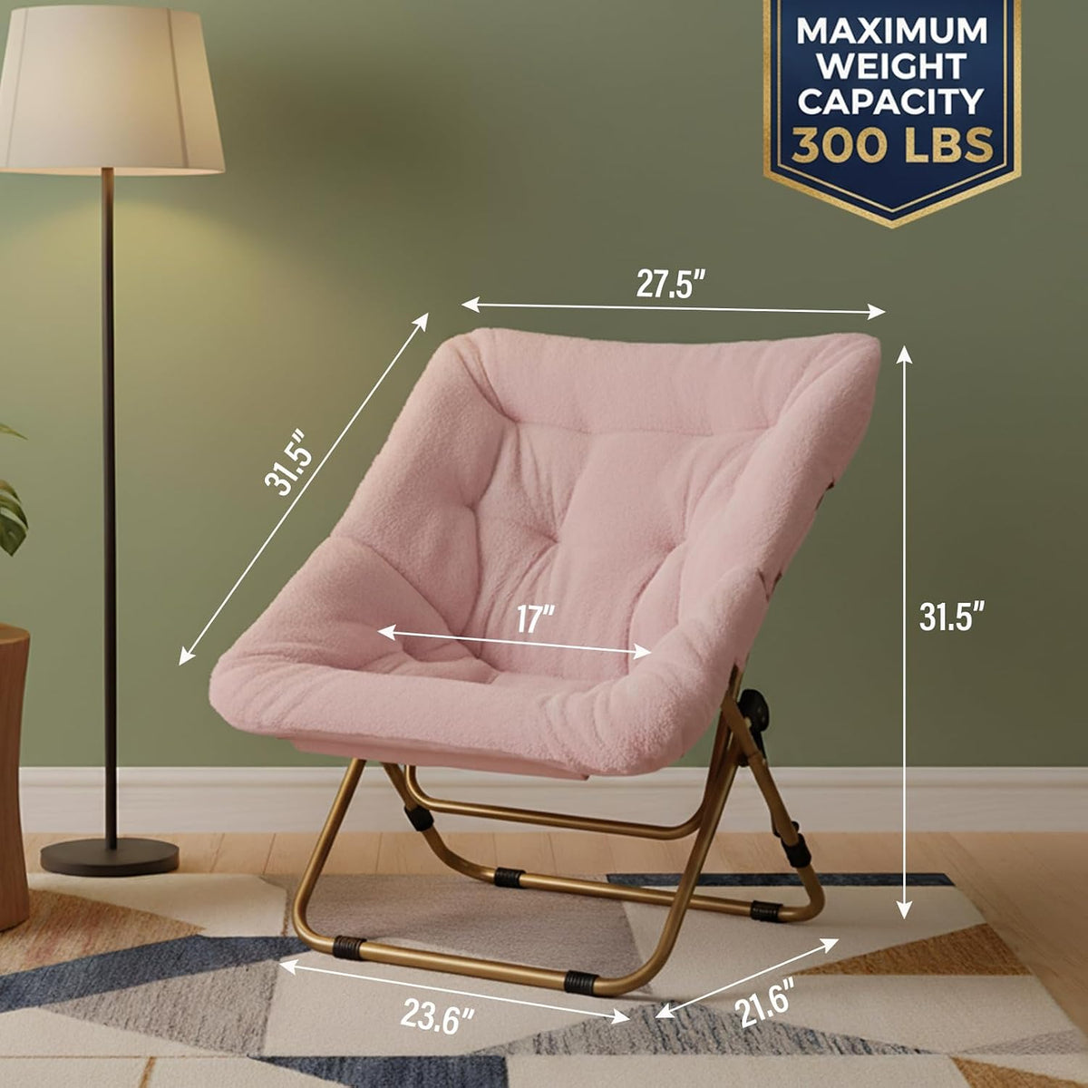 Tiita Comfy Folding Saucer Chair for Adults, Moon Chair, Pink | Soft Faux Fur Seat, Metal Frame Structure, Cozy Accent Seating for Reading and Relaxing in Bedrooms, Living Rooms and Dorms